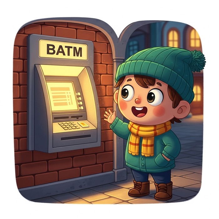 A cartoon child standing next to a glowing ATM machine built into a bank wall, curious and excited expression.