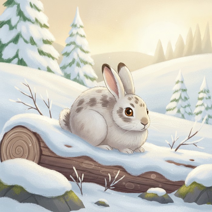 A snowshoe hare perfectly camouflaged against a snowy hillside in winter, almost invisible, soft pale light, quiet and still atmosphere.
