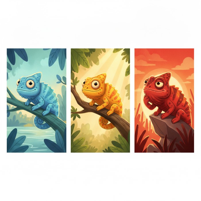 A split-panel cartoon of a single chameleon in three colour states: cool blue when calm, warm orange in sunlight, and bold red when dominant, clean illustrative style.