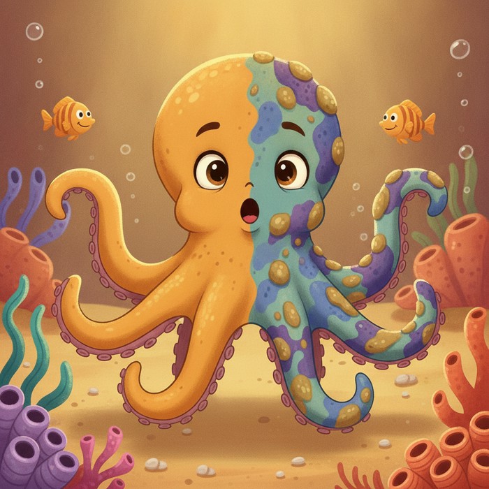 A cartoon octopus mid-transformation on the seafloor, one half showing smooth plain skin and the other half showing bumpy colourful rock-like texture, dramatic before-and-after effect.