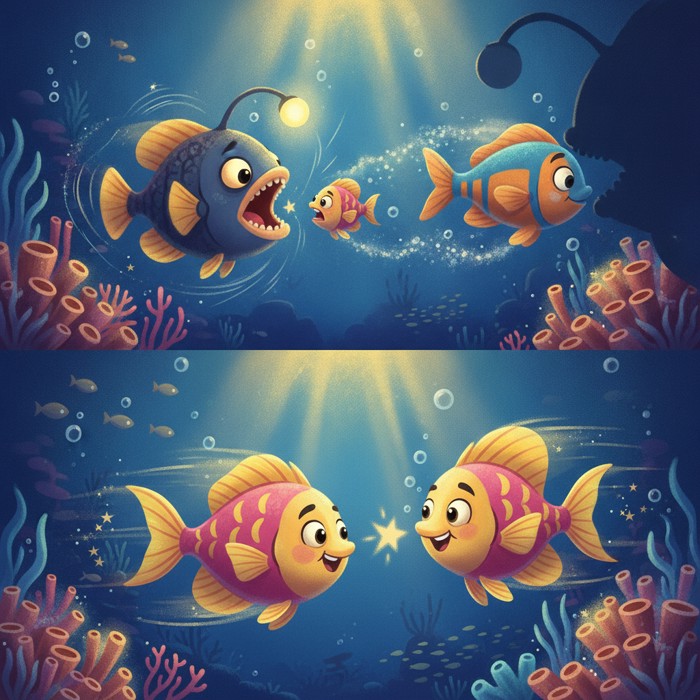 A split-scene of deep-sea life: a glowing fish catching prey, another darting away from a shadow, and a third flashing toward a waiting mate, dynamic and vivid