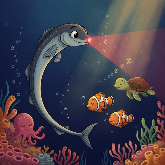 A slender dragonfish emitting an eerie crimson beam from an organ beneath its eye, swimming through black water while other animals remain unaware, sinister and striking