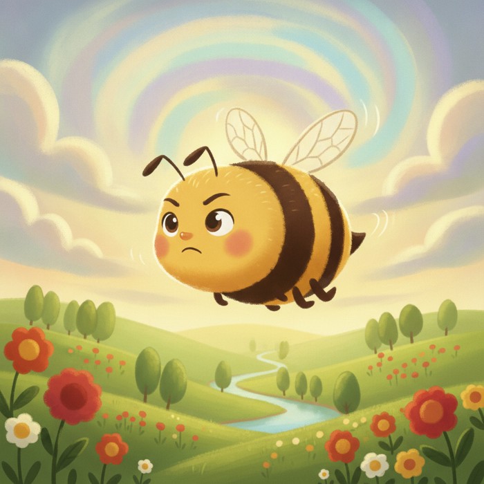 A honeybee navigating under a cloudy sky with faint polarised light patterns visible overhead, looking determined