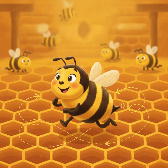 A honeybee running in a straight line while waggling her striped abdomen side to side, dotted looping arrows showing the figure-eight path on honeycomb