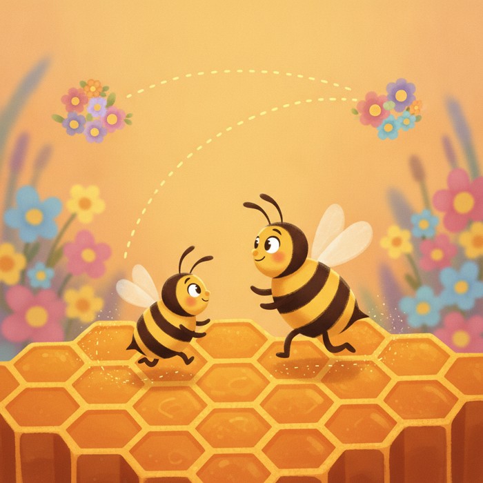 Two waggle runs side by side on honeycomb, one short and one long, with dotted flight paths showing near and far flower patches