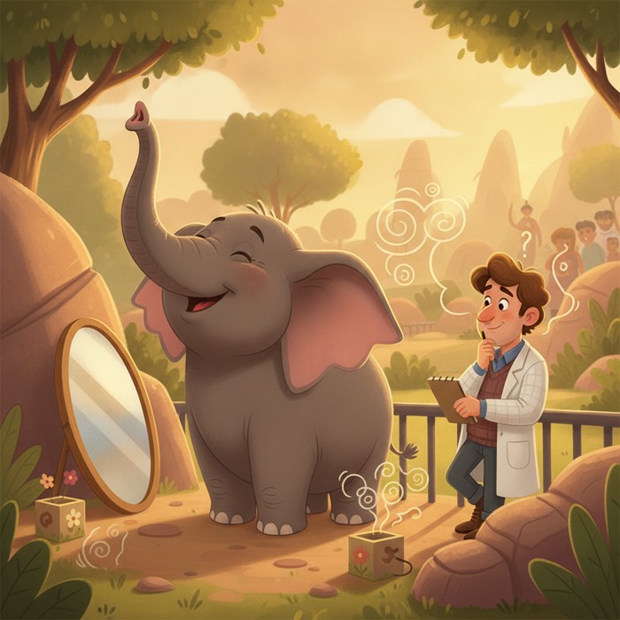 A critic scientist observing an elephant that relies on smell with trunk raised ignoring a mirror, analytical mood, zoo enclosure with scent cues.