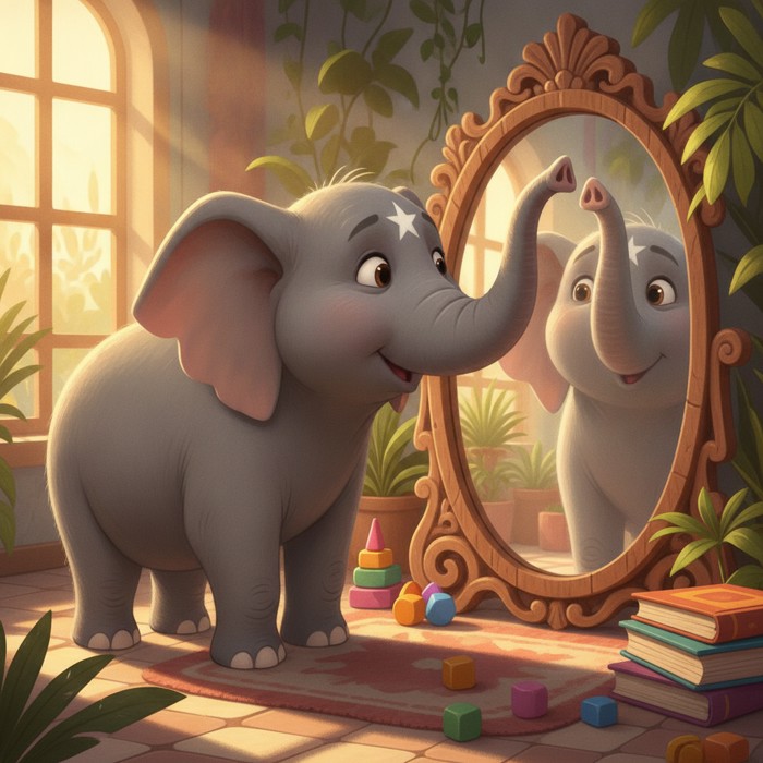 An elephant trunk reaching toward the white mark on its own forehead while looking in a mirror, inquisitive mood, bright enclosure with reflective glass.