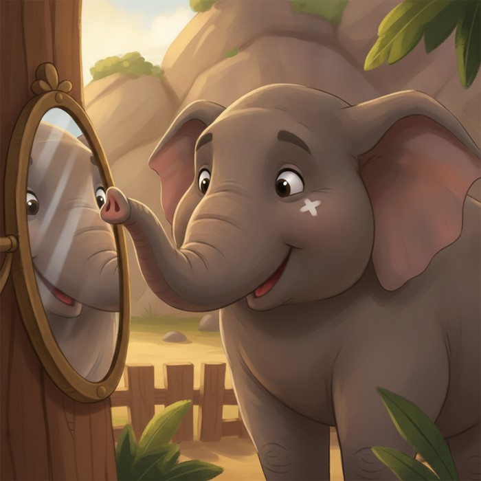 Elephant Happy touching a white painted cross above her eye with her trunk tip while watching her mirror reflection, deliberate mood, close-up in zoo enclosure.