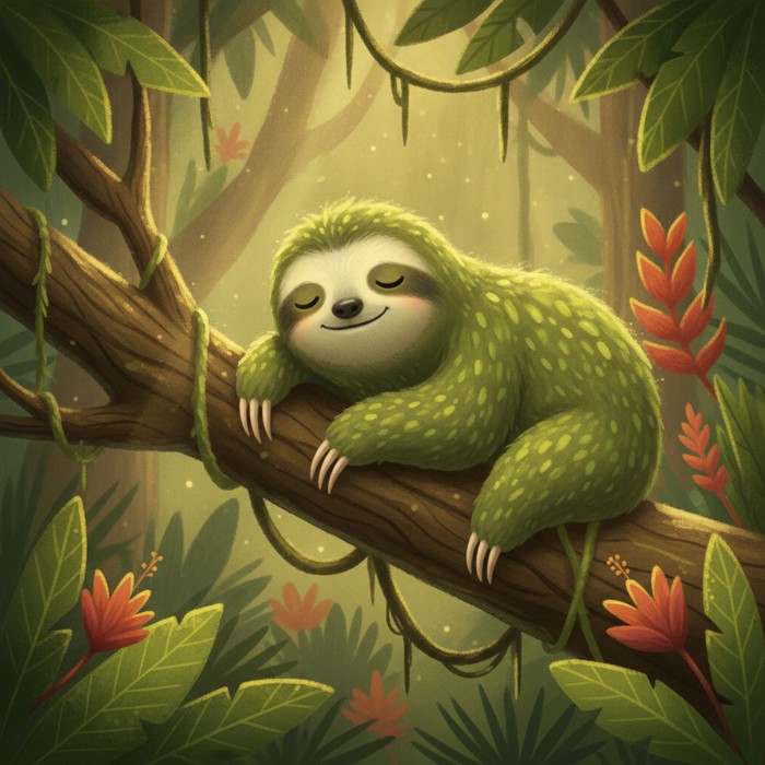 A moss-green sloth curled around a high rainforest branch, almost indistinguishable from the tree because of algae in its fur, dappled sunlight, serene stillness.