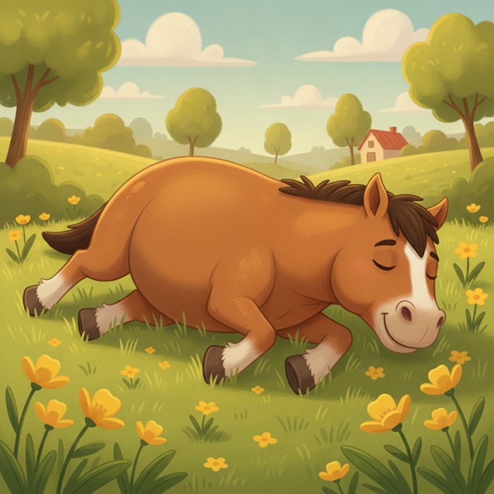 A horse sprawled fully on its side in a sunny paddock, legs stretched out and eyes shut in blissful deep sleep, buttercups around it, relaxed pastoral mood.