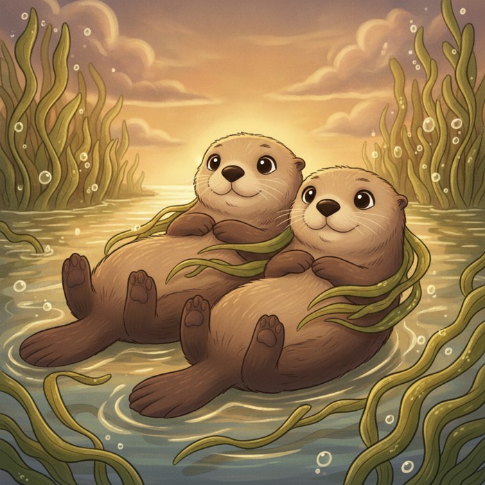 Two sea otters floating on their backs in a calm kelp forest at dusk, one wrapped in long ribbons of kelp, paws clasped together, gentle ripples around them, tender mood.