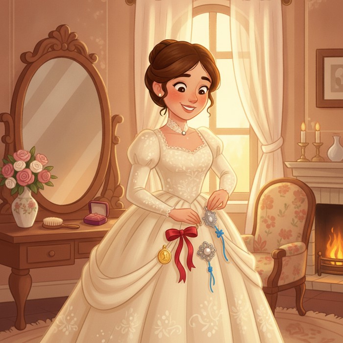 A Victorian bride pinning small charms to her dress - an old coin, a new ribbon, a borrowed brooch, and a blue thread - tender hopeful mood