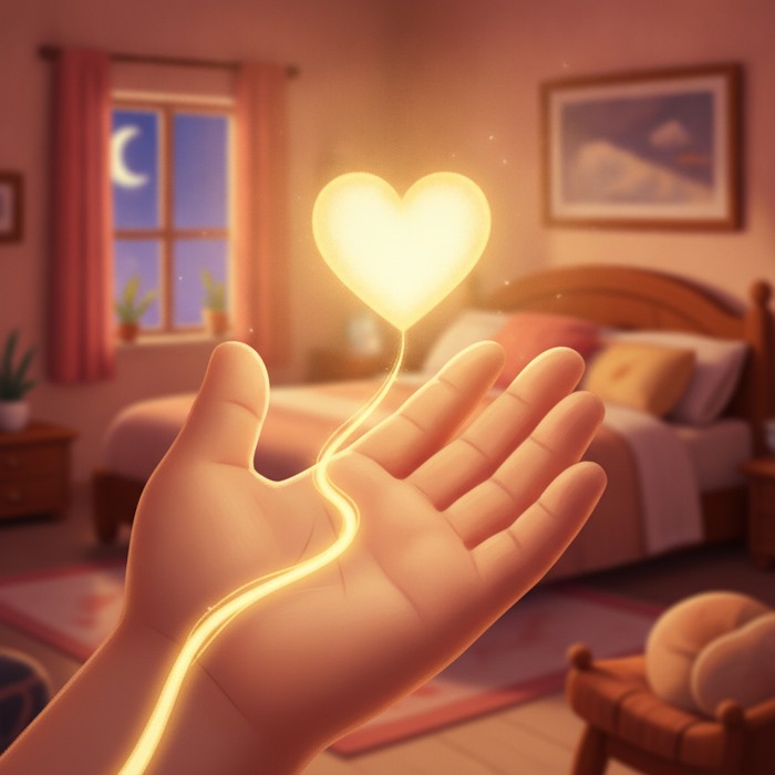 A close-up of a left hand with a stylized glowing vein running from the third finger toward a warmly lit heart, gentle romantic mood