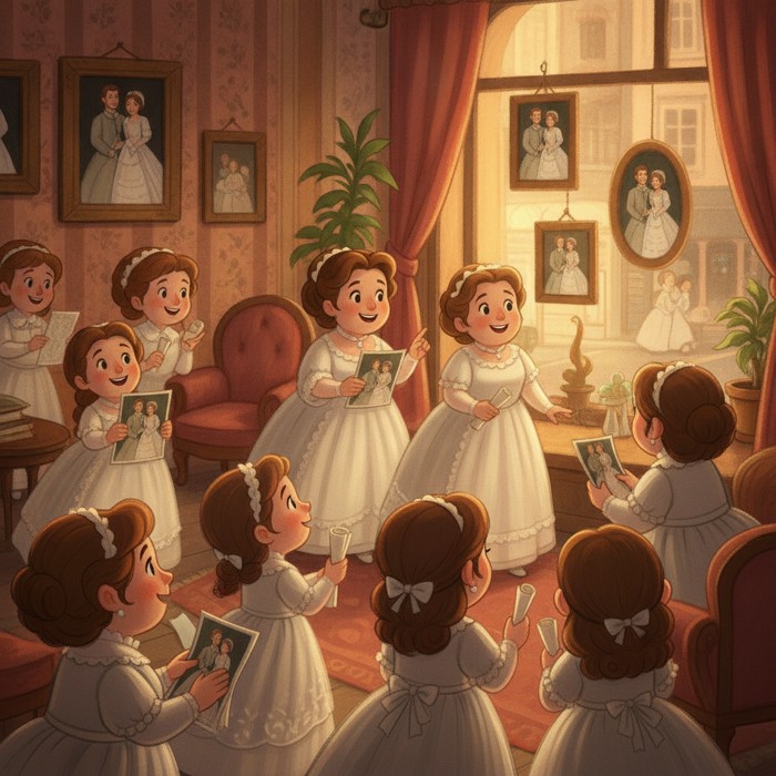 Copies of a royal wedding portrait spreading through nineteenth-century parlors and shop windows, white dresses gradually filling the scene, admiring warm mood