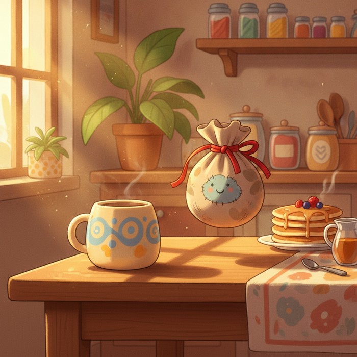A ceramic mug sitting steadily on a wooden kitchen table in warm sunlight, contrasted with a floating pouch nearby, calm domestic setting.