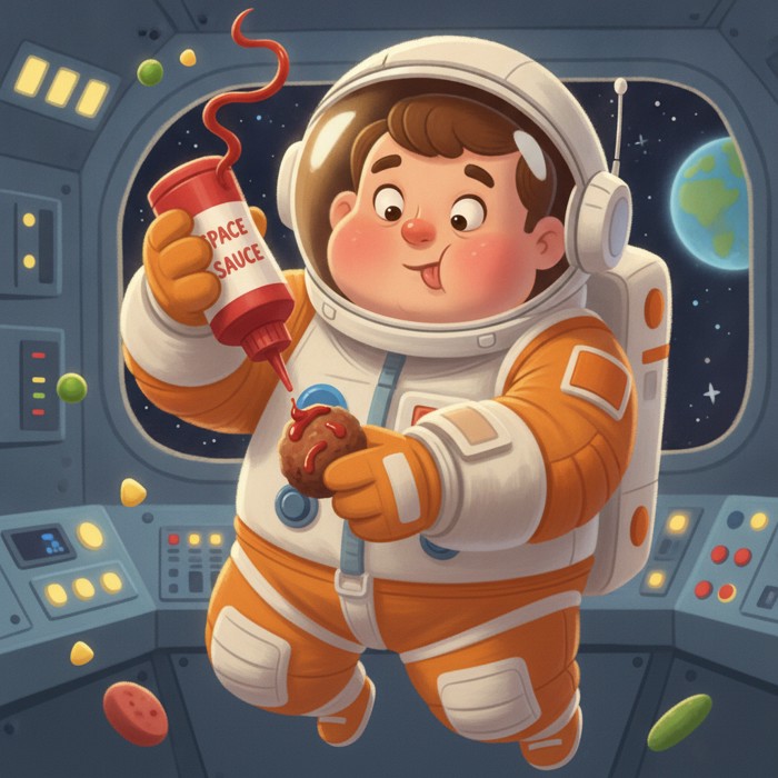 Close-up of an astronaut squeezing hot sauce onto floating food, cheeks slightly puffy from fluid shift, playful and concentrated expression.