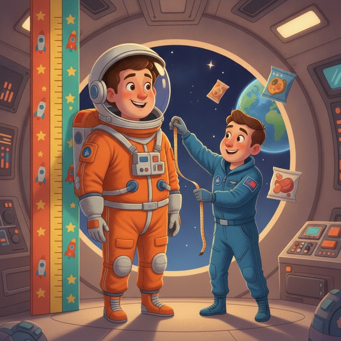An astronaut standing against a height chart inside the ISS, spine visibly elongated, crewmate measuring with a tape, curious and lighthearted mood.
