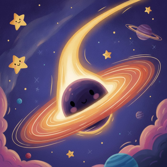 The orange ring overlaid with sweeping curved white lines representing magnetic fields, with a thin bright jet of matter shooting up and away from the black hole into space