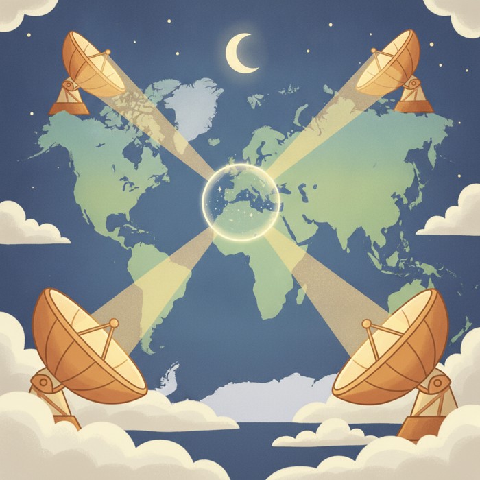 A world map at night lit up by beams connecting giant radio-dish observatories on four different continents, the beams converging to form one giant telescope silhouette of planet Earth