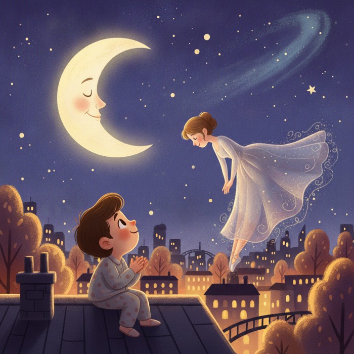 A person on a city rooftop at night glancing up at the Moon, a faint image of the Moon as a poised dancer curtsying back at them, warm amber city lights below a vast starry sky.