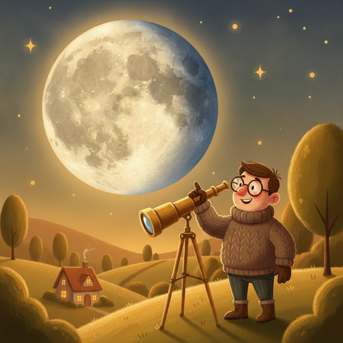 An astronomer at a telescope on a hillside pointing at a glowing Moon whose familiar face is fully visible while the opposite side fades into shadow, a sense of quiet concealment.