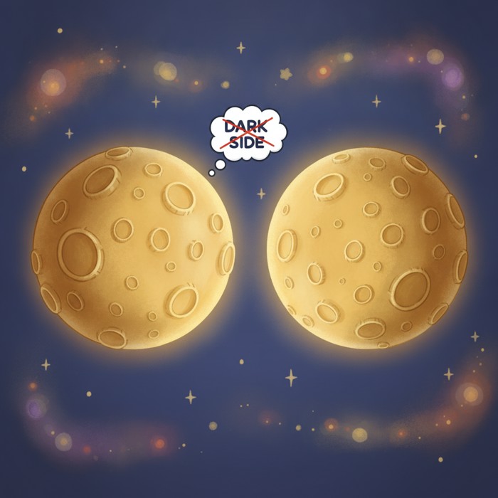A split view of the Moon showing both the familiar near side and the far side bathed equally in bright sunlight, a crossed-out label reading dark side floating beside them.