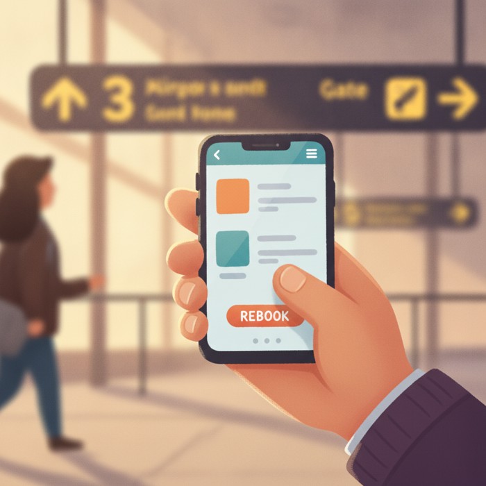 A hand holding a smartphone showing an airline app rebooking screen with flight options, the traveler walking while tapping, gate signs blurred behind