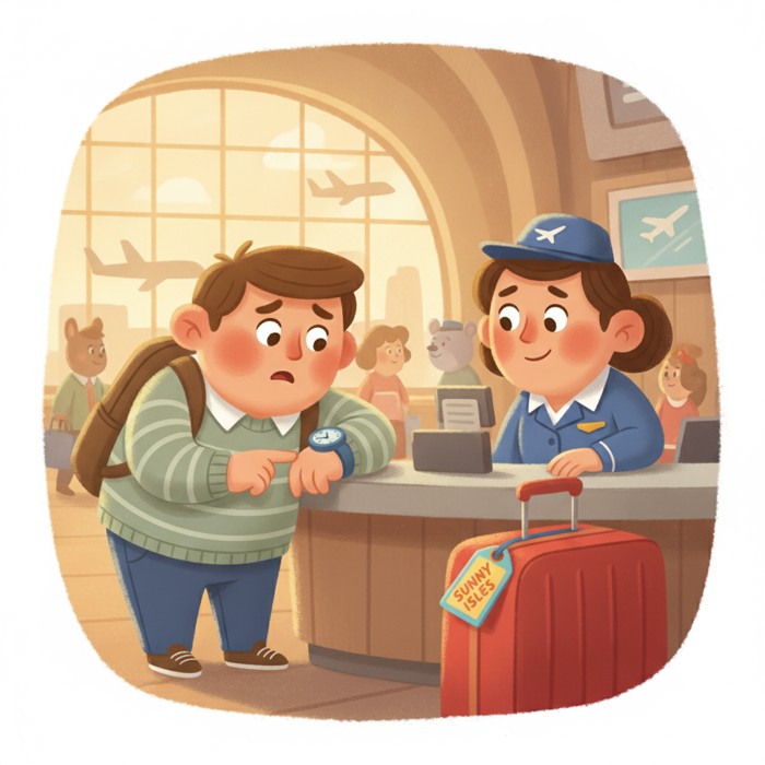 A traveler leaning forward at the airline counter, speaking clearly to an agent, gesturing to a watch and a destination tag on their luggage