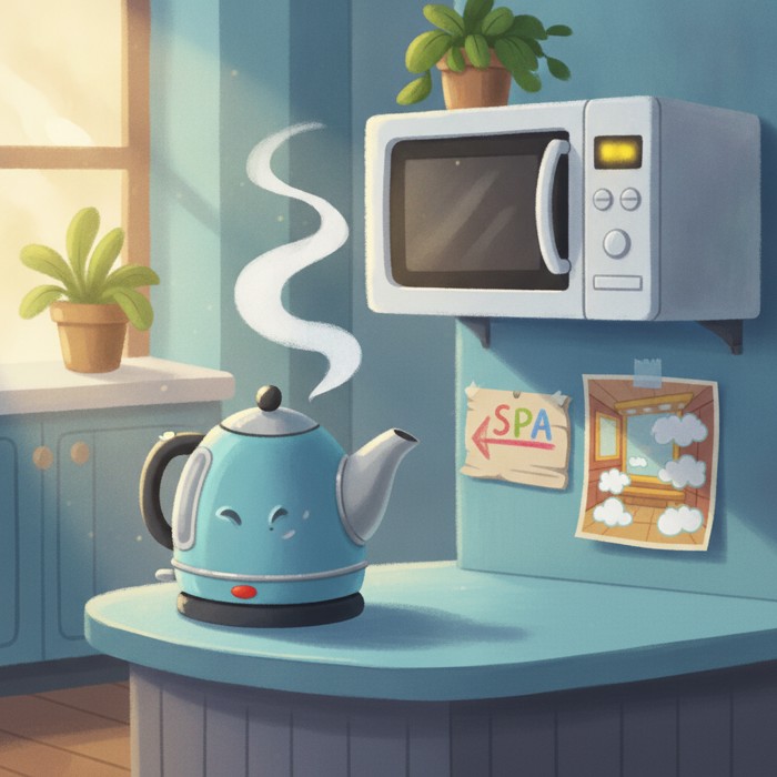 A dented electric kettle steaming on a microwave shelf beneath a handwritten sign reading 'Spa This Way', its thin ribbon of vapor mocking the brochure's image of a steam room taped beside it.