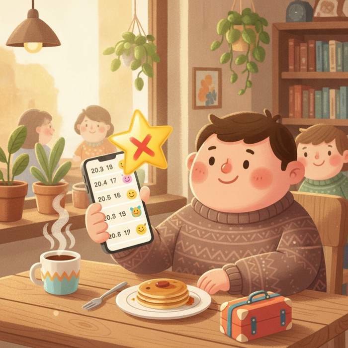 A traveler at a breakfast table scrolling a phone whose screen shows a tidy vertical column of dated reviews, a big glossy star rating crossed out and pushed to the corner of the display.