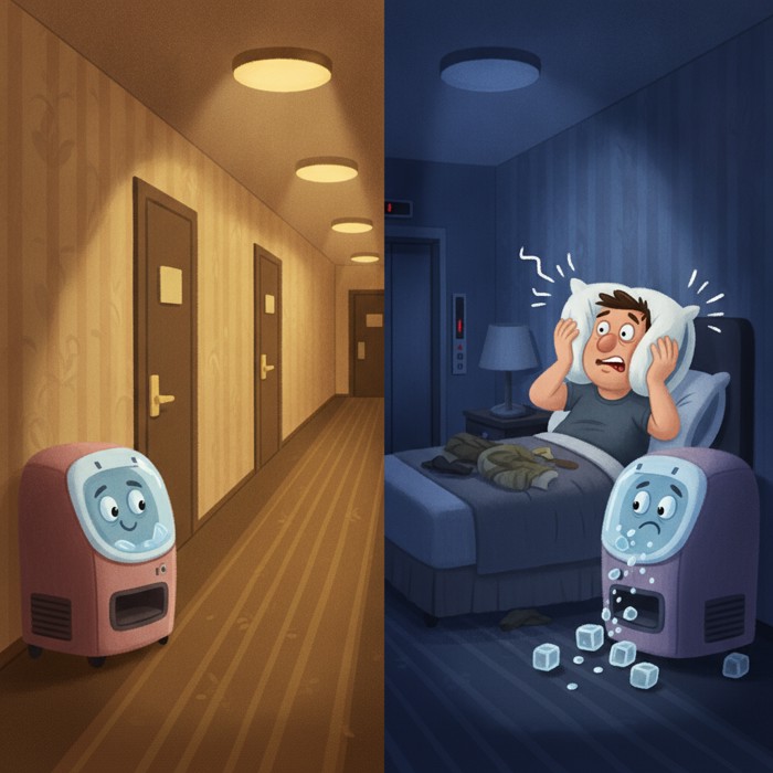 A split of the same hotel corridor: on the left it is calm and empty under full daytime lights beside a silent ice machine; on the right it is night-blue and vibrating, the elevator shaft groaning and the ice dispenser rattling as a guest presses a pillow over his ears.
