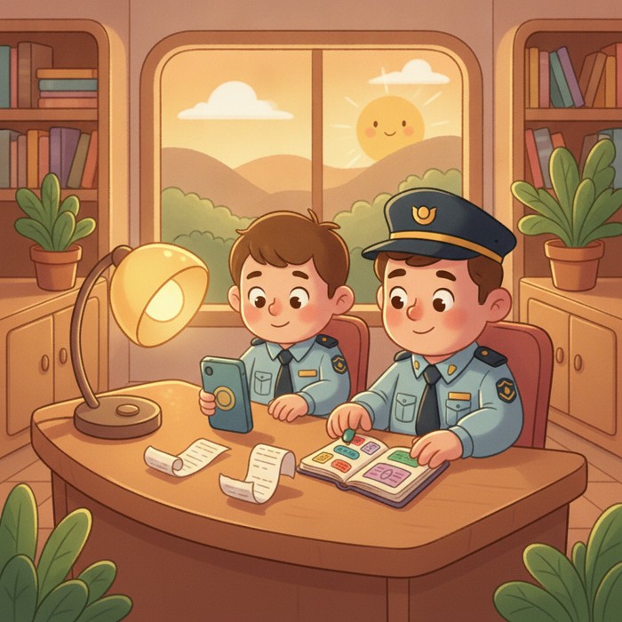 Inside a stark secondary inspection room, officers methodically examining a phone, scattered receipts and a passport's entry stamps under a bright desk lamp
