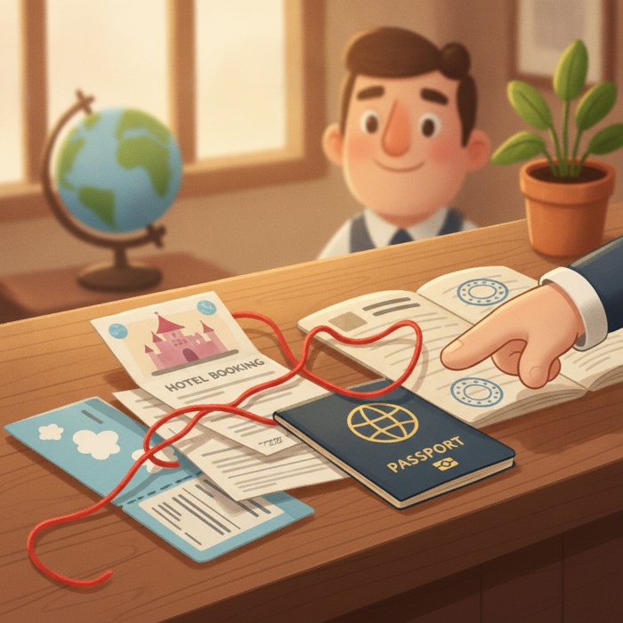A border officer's desk spread with a plane ticket, hotel booking printout and stamped passport pages, red thread connecting them for cross-checking