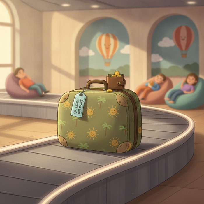 A suitcase packed for a two-week holiday sitting alone on a conveyor with a one-way ticket and an almost-empty wallet, conveying risk and imbalance