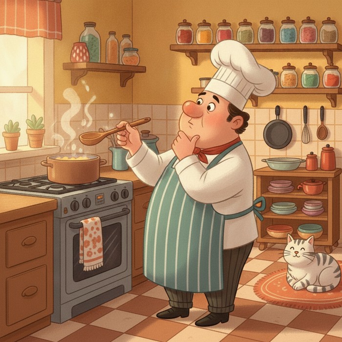A chef standing back a step from the stove with a spoon held at arm's length, studying the pan like a scientist observing an experiment, calm and clinical, quiet kitchen in soft even light.
