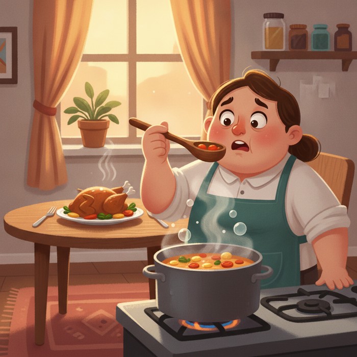 A home cook in an apron finally sipping from a spoon over a finished pot at a tidy domestic stove, eyes widening in dismay as the plated dinner sits ready on the table behind, evening light through the window.