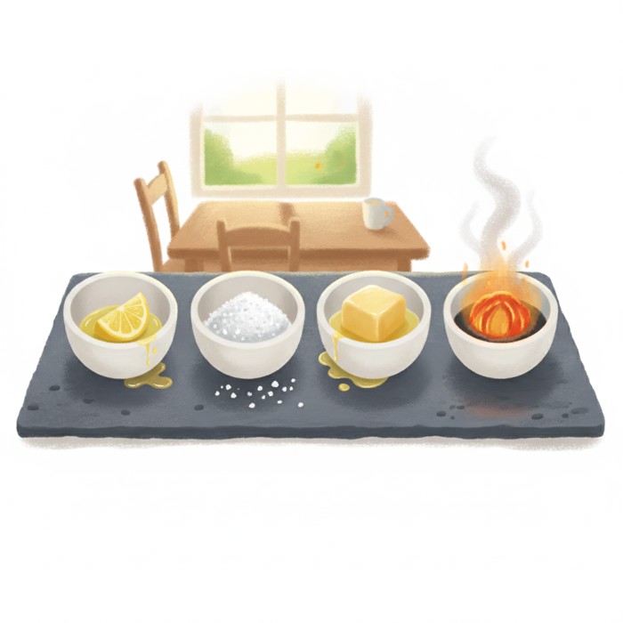 A tidy overhead arrangement of four small bowls on a slate counter, each holding a lemon wedge, coarse salt, a knob of butter and a glowing ember, labelled like a laboratory experiment under cool clean light.