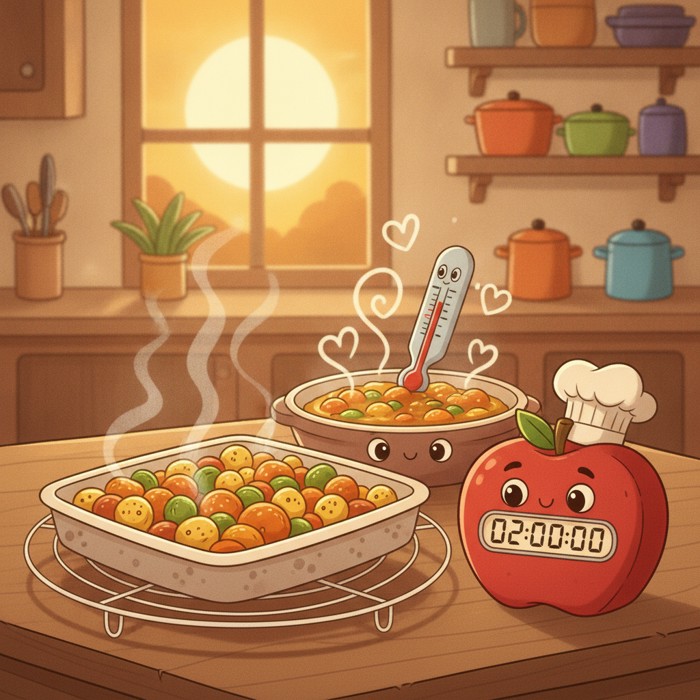 A shallow tray of food cooling quickly on a rack beside a kitchen timer set to two hours and a food thermometer inserted into a steaming reheated dish, careful and practical mood.