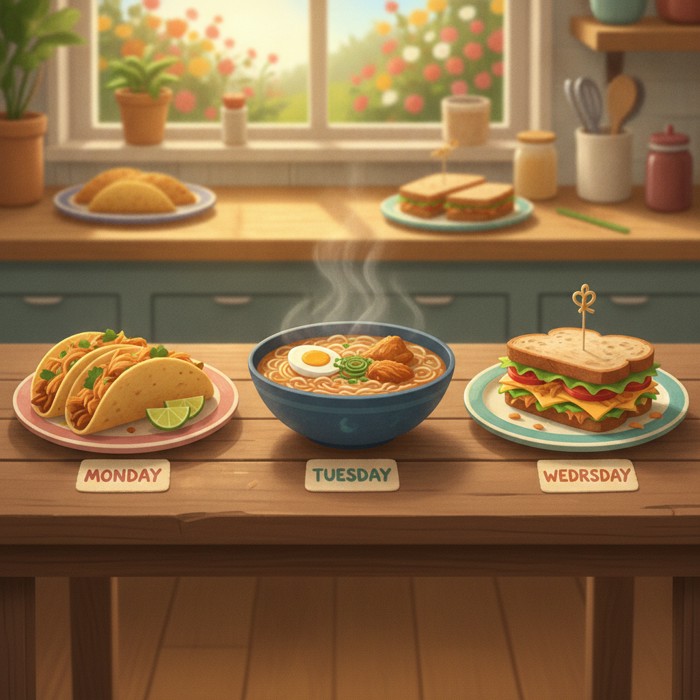Three plates lined up on a wooden table, each labelled with a day: soft tacos with lime, a steaming bowl of noodle broth, and a thick cold sandwich, all made from the same shredded chicken, cheerful and colourful.