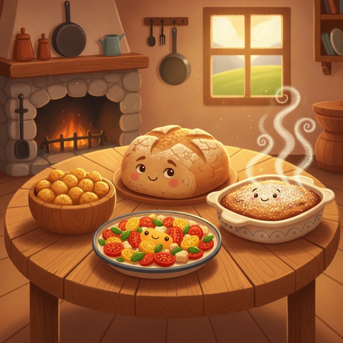 A rustic table with a stale loaf in the centre surrounded by three finished dishes: a bowl of golden croutons, a tomato panzanella salad, and a warm bread pudding dusted with sugar, inviting golden light.