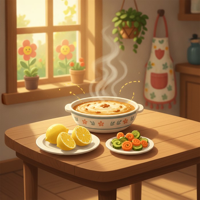 A table set with a creamy rich dish beside a plate of bright lemon wedges and crisp pickled vegetables, small sparkling lines arcing between them like a spark, fresh and balanced mood, natural daylight.