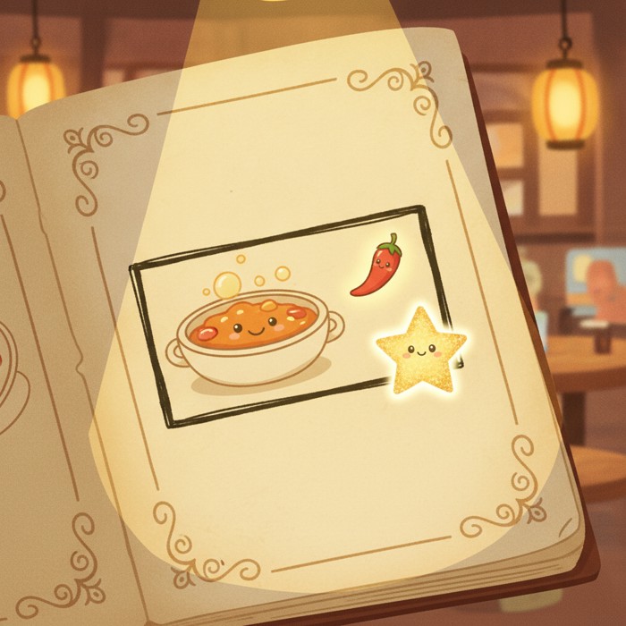 A close-up of a menu page where one dish sits inside a heavy black box with bold text, a little chili icon and a star sticker beside it, a spotlight beam falling on it from above, theatrical and suspicious mood.