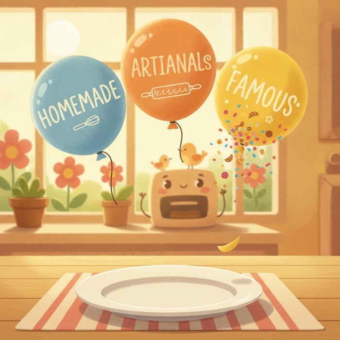 Three shiny word balloons reading 'homemade', 'artisanal' and 'famous' floating above an empty white plate, one balloon popping into confetti, bright airy setting, gently mocking mood.