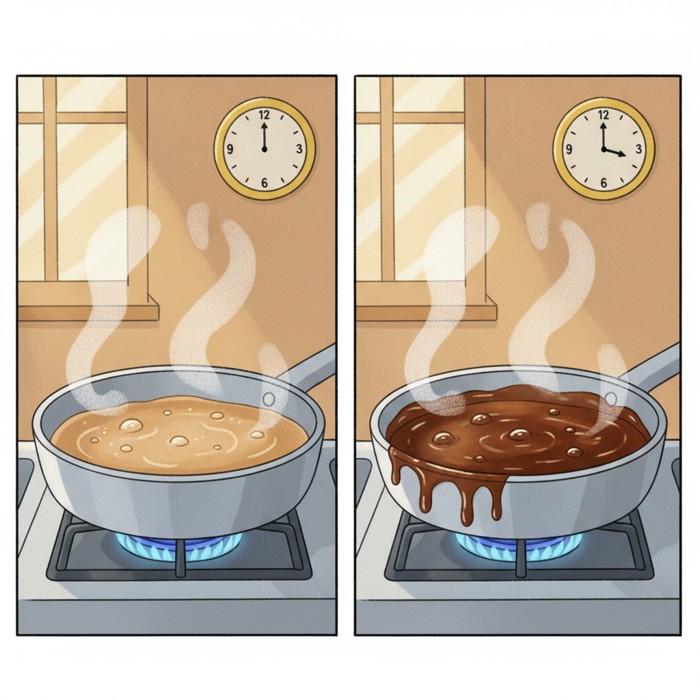 A time-lapse style pair of images of the same open pan: first brimming with thin sauce and gentle steam, then reduced to a thick dark glaze with a kitchen clock in the background showing twenty minutes passed.
