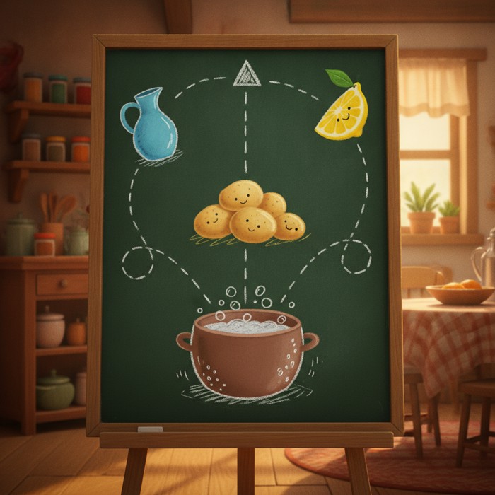 A cheerful kitchen chalkboard showing three signposted paths leading away from one salty pot, each path labelled with a small drawing: a water jug, a heap of potatoes, and a lemon wedge.