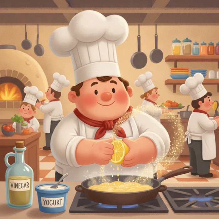 A chef in a busy restaurant kitchen squeezing a lemon half over a pan with practised confidence, a vinegar bottle and a tub of yoghurt within reach, bright citrus spray catching the light.