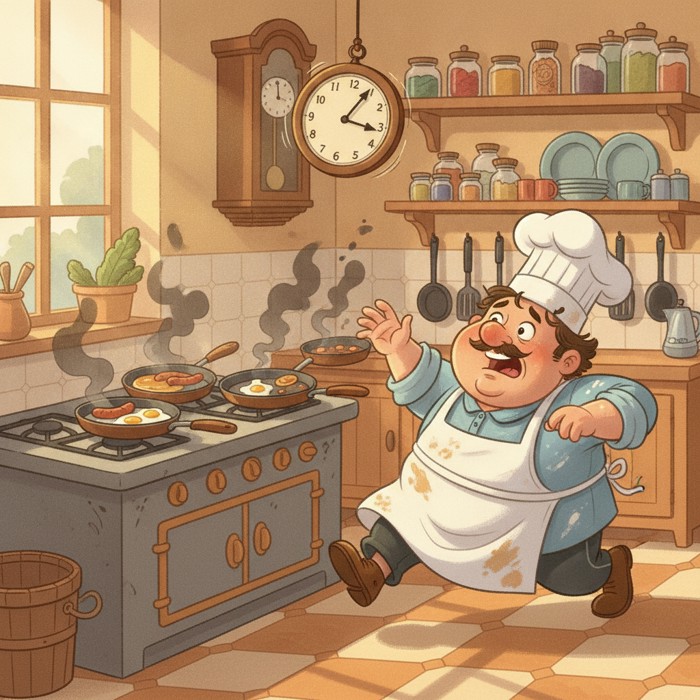 A frantic cook rushing between four pans at once with a spinning clock overhead, food smoking on every burner, tense red-orange kitchen light.