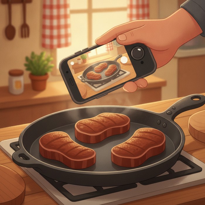 The same skillet with only three steak pieces spaced well apart on bare dark metal, deep brown crust forming, a phone hovering above to take a photo, bright confident light.