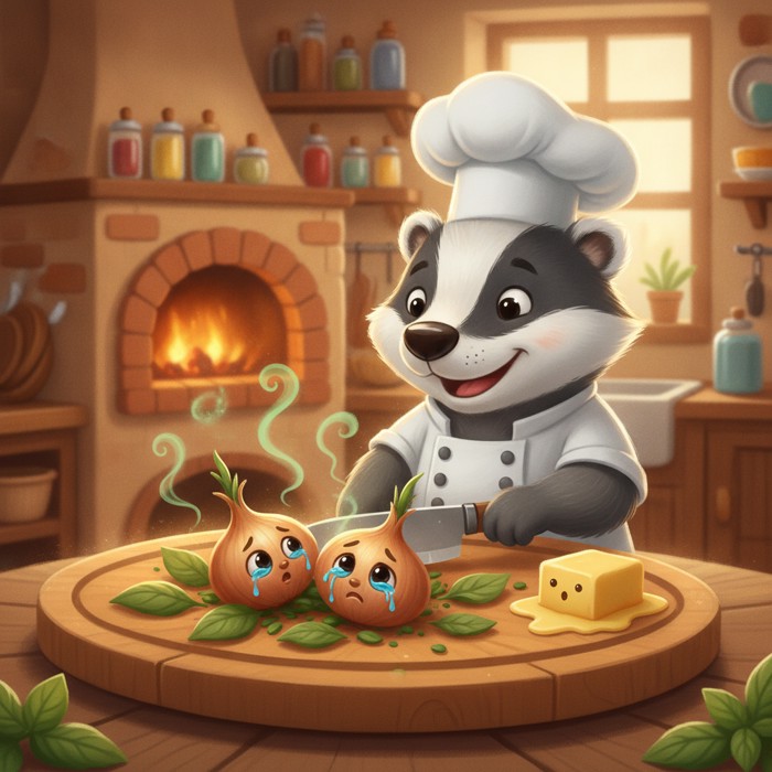 A blunt knife mashing dark bruised basil leaves and squashing an onion into weeping pulp on a wooden board, small bitter green wisps rising, a stick of butter sitting uselessly nearby.