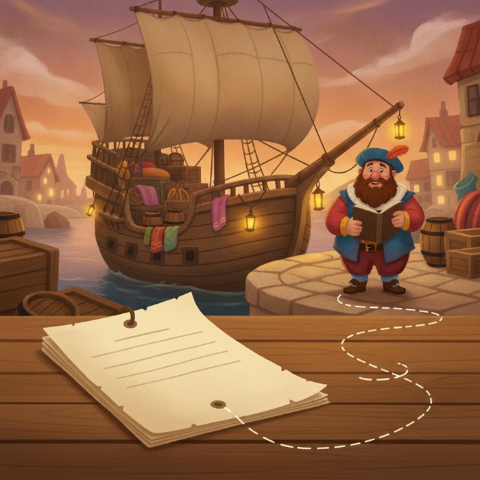 A handwritten recipe card whose ink lines unspool into a dotted route leading off the page to a busy old harbour, where a merchant on the quay studies a ledger beside a loaded ship at dusk.